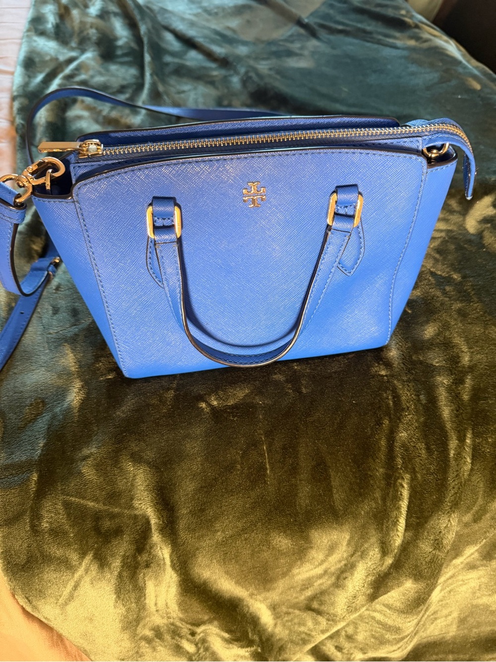 Tory Burch Royal Blue Saffiano Leather Satchel with Gold Hardware